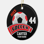 赤、黒、白のパーソナライズされたサッカー⚽ セラミックオーナメント (左)