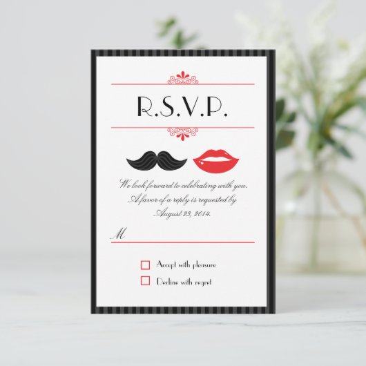 赤、黒、白のヒゲと唇の結婚式出欠確認 出欠カード (スタンド正面)