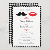 赤、黒、白の口ひげ千鳥格子の結婚 招待状 (正面/裏面)