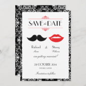 赤、黒、白の口ひげ&唇 ダマスク 結婚式 セーブザデート (正面/裏面)