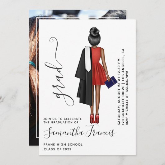 赤・黒・白の女子卒業パーティーの写真 招待状 (正面/裏面)