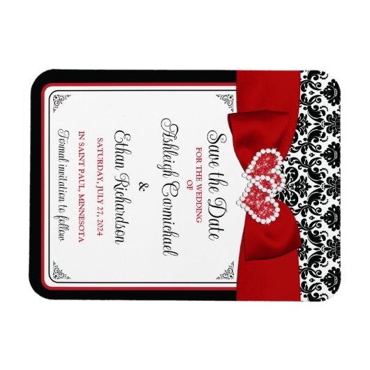 赤、黒、白の愛のハート写真の保存日付 マグネット (横)