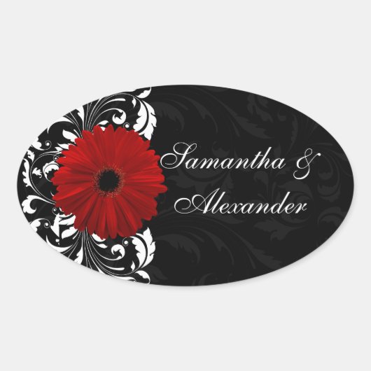赤・黒・白スクロールガーベラデイジー 楕円形シール (正面)