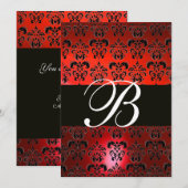 赤 黒 白 ダマスク モノグラム RSVP 招待状 (正面/裏面)