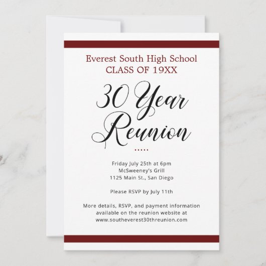 赤 黒 白 ミニマル 30周年 クラス 同窓会 招待状 (正面)