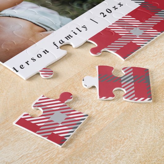 赤、黒、緑のタータンチェックチェック家族の写真 ジグソーパズル (側面)