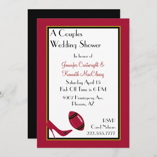 赤、黒、黄のフットボールカップルシャワー 招待状 (正面/裏面)