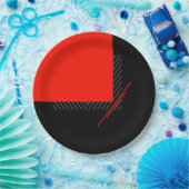 赤、黒、黒、白のピンストライプ幾何プリント ペーパープレート (パーティー)