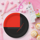 赤、黒、黒、白のピンストライプ幾何プリント ペーパープレート (パーティー)