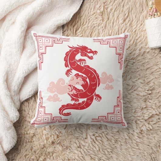 赤Chinoiserie Dragon and Clouds クッション (ブランケット)