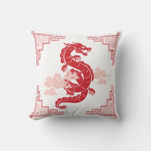 赤Chinoiserie Dragon and Clouds クッション (正面)