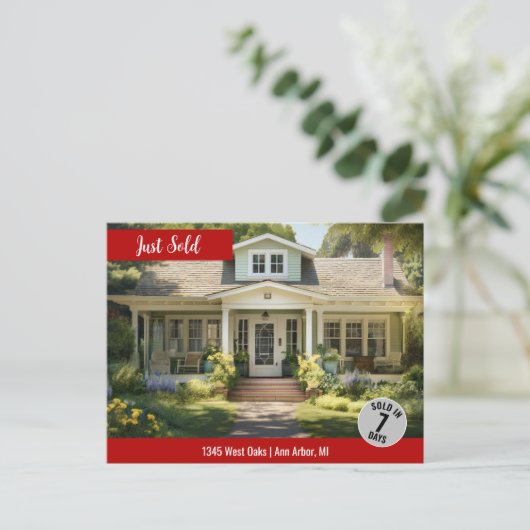 赤Just Sold不動産実在マーケティングロゴ ポストカード (スタンド正面)