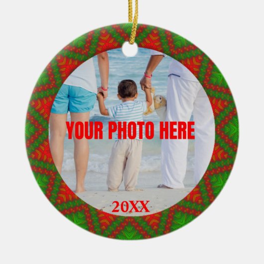 赤n緑パーソナライズされたのクリスマス抽象芸術写真 セラミックオーナメント (正面)