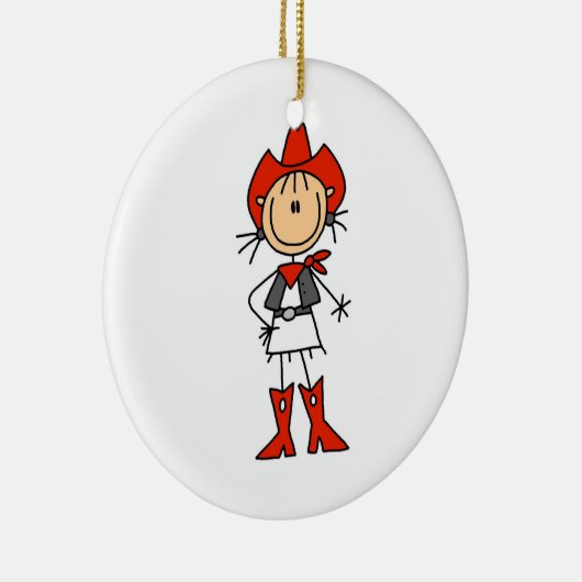 赤Tシャツとギフトの女性のカーボーイ セラミックオーナメント (右)