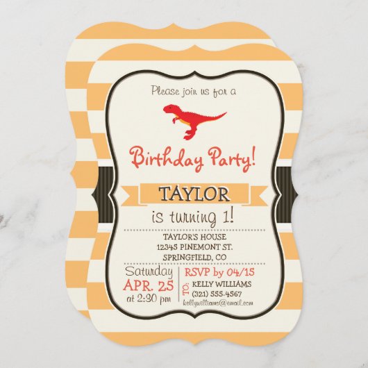 赤Tレックス恐竜;オレンジストライプ色 招待状 (正面/裏面)