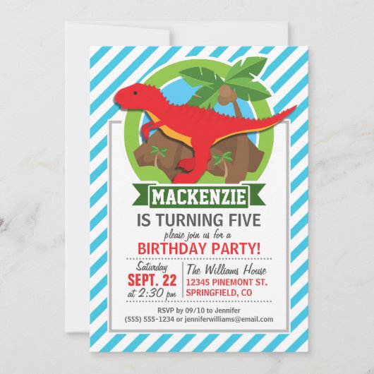 赤Tレックス恐竜、青と白のストライプ恐竜 招待状 (正面)