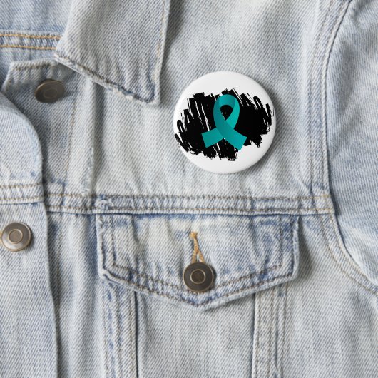 走り書きが付いている卵巣癌のティール（緑がかった色）のリボン 缶バッジ (インサイチュ)