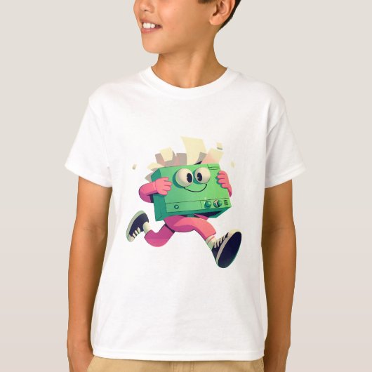 走るプリンターと飛ぶ紙 - テクノロジーハーモニー Tシャツ (正面)