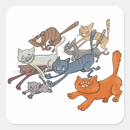 走る猫たちのパターン 子猫の遊び心 スクエアシール (正面)