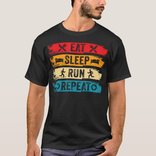 走る 寝る 繰り返す 面白い マラソン ランナー ヴィンテージ Tシャツ (正面)