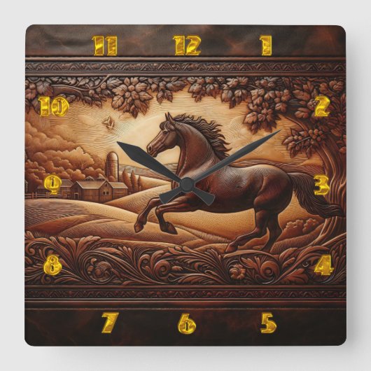 走田舎の馬 スクエア壁時計 (正面)