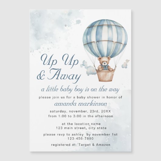 起きて遠くに!テディベアーバルーンベビーシャワー マグネット招待状 (正面)