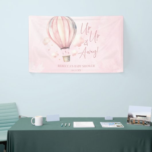 起きて遠くに!ピンクのホットエアバルーン赤ちゃんシャワー 横断幕 (トレードショー)