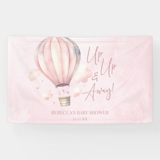 起きて遠くに!ピンクのホットエアバルーン赤ちゃんシャワー 横断幕 (横)