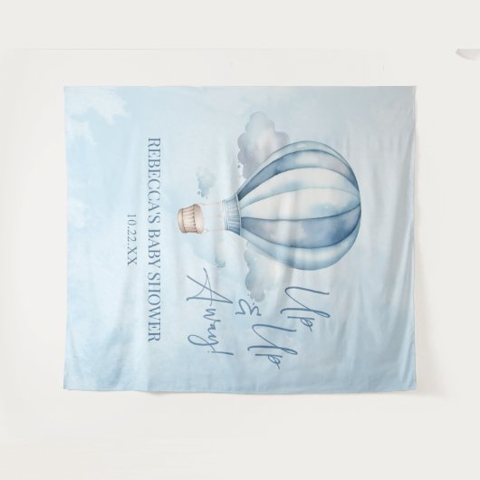 起きて遠くに!ブルーホットエアバルーン赤ちゃんシャワー タペストリー (正面(横))