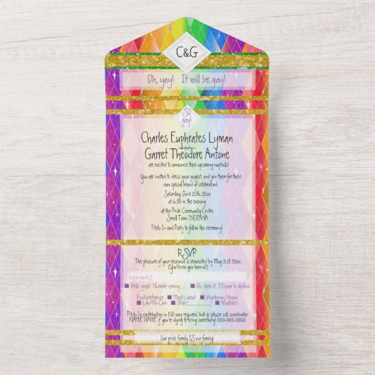 超ゲイ！虹色のウェディング・コミュニティ・ピッチイン・オールイン オールインワン招待状 (内側)