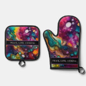 超サイケデリック純水色パターン 鍋つかみ&鍋敷きセット (正面)