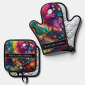 超サイケデリック純水色パターン 鍋つかみ&鍋敷きセット (正面/裏面)