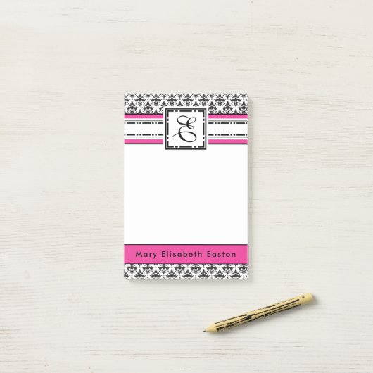 超シックなショッキングピンクの白黒ダマスク織のカスタム ポストイット (デスク上)