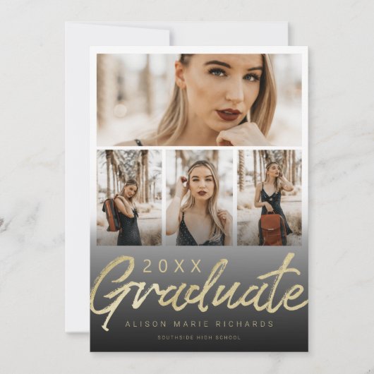 超シック金ゴールドブラシスクリプト卒業フォトカード 招待状 (正面)