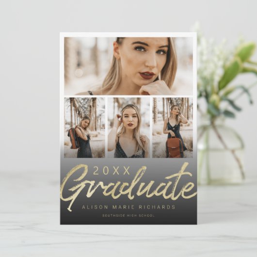 超シック金ゴールドブラシスクリプト卒業フォトカード 招待状 (スタンド正面)