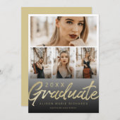 超シック金ゴールドブラシスクリプト卒業フォトカード 招待状 (正面/裏面)