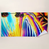 超ビーチカラフルサンセットウェーブズ&パームツリーズ ビーチタオル (正面)