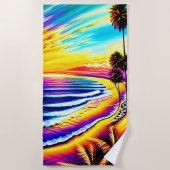 超ビーチカラフルサンセットウェーブズ&パームツリーズ ビーチタオル (正面)