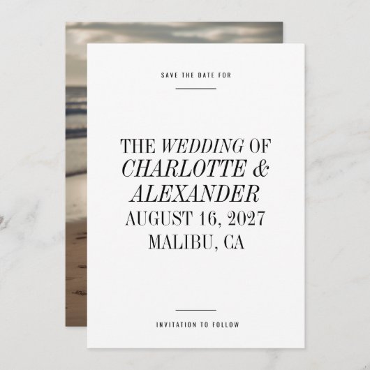 超ミニマルタイポグラフィ白黒結婚写真 セーブザデート (正面/裏面)