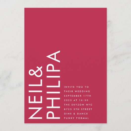 超モダン名はっきりしたマゼンタレッド結婚の 招待状 (正面)