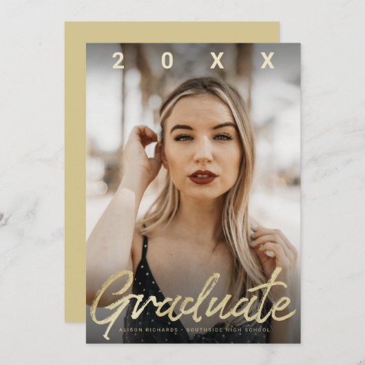 超大学院モダン金ゴールドブラシスクリプトフォトカード 招待状 (正面/裏面)