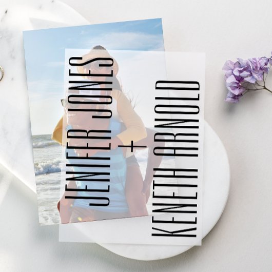 超小モダン小はっきりした名の結婚オーバーレイ ベラム紙招待状