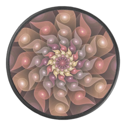 超本物の光沢のある花のモダン抽象芸術フラクタル・アート アイスホッケーパック (正面)