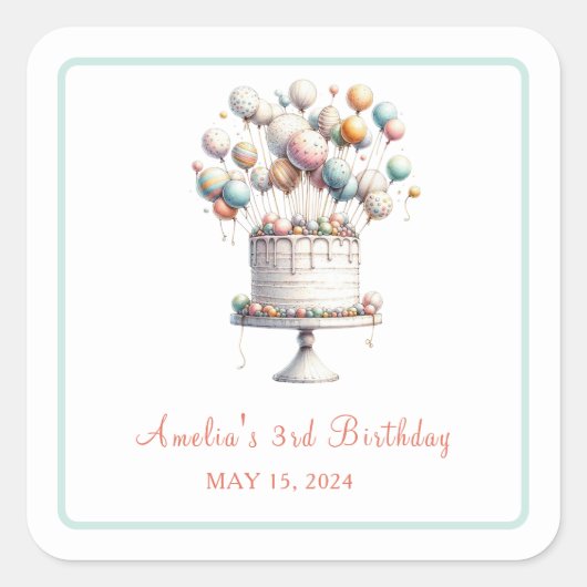 超現実主義お誕生日ケーキ&バルーンカスタムステッカー スクエアシール (正面)