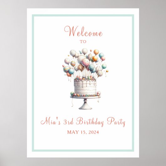 超現実主義お誕生日ケーキ&バルーン歓迎サイン ポスター (正面)