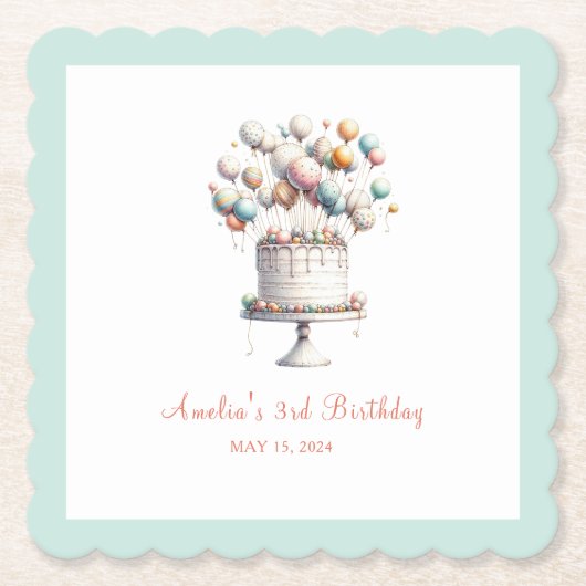 超現実主義者、かわいいバルーンとお誕生日ケーキカスタム ペーパーコースター (正面)