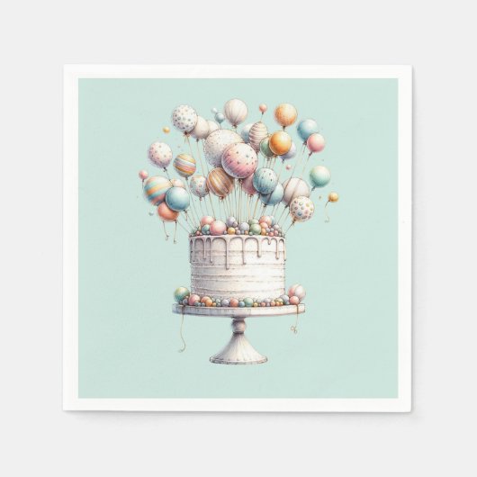 超現実主義者、かわいいバルーン&お誕生日ケーキブルー スタンダードカクテルナプキン (正面)