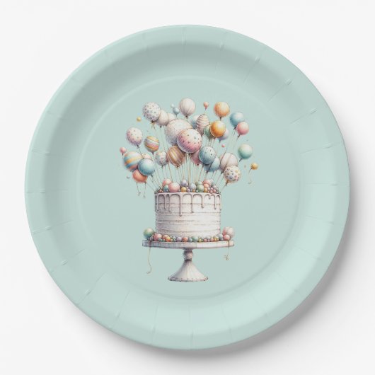 超現実主義者、かわいいバルーン&お誕生日ケーキブルー ペーパープレート (正面)