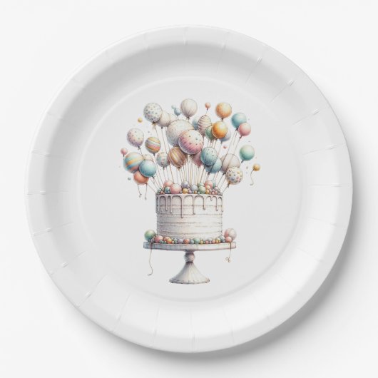 超現実主義者、かわいいバルーン&お誕生日ケーキホワイト ペーパープレート (正面)