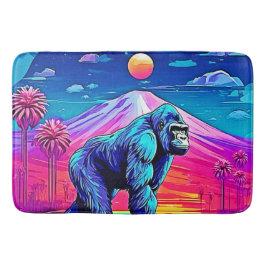 超現実的なジャングルの情景に佇むネオンゴリラ バスマット